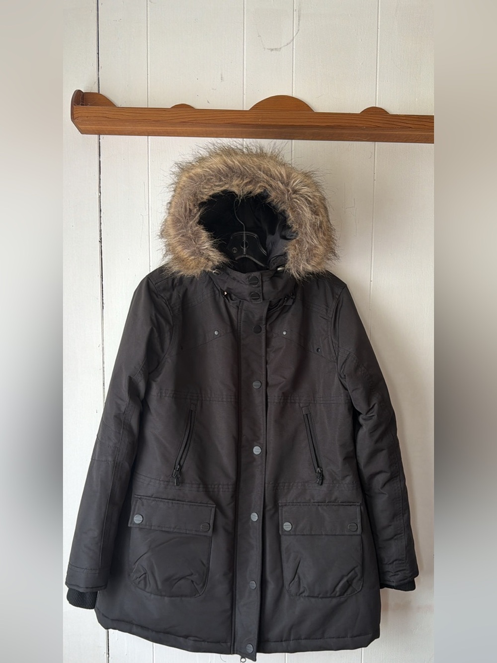 Heavy Duty Black Winter Parka Hooded Jacket XL